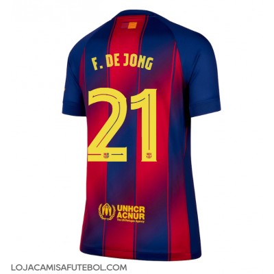 Camisa de Futebol Barcelona Frenkie de Jong #21 Equipamento Principal Mulheres 2025-26 Manga Curta Camisa de Futebol Barcelona Frenkie de Jong #21 Equipamento Principal Mulheres 2025-26 Manga Curta